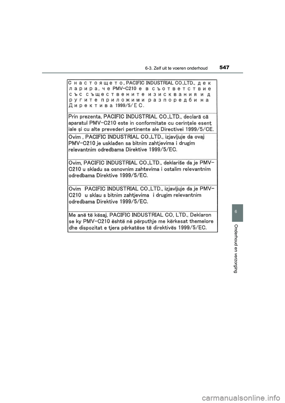 TOYOTA PRIUS 2015  Instructieboekje (in Dutch) 5476-3. Zelf uit te voeren onderhoud
PRIUS_OM_OM47A31E_(EE)
6
Onderhoud en verzorging
PRIUS_OM_OM47A31E_(EE).book  Page 547  Tuesday, November 10, 2015  4:25 PM 