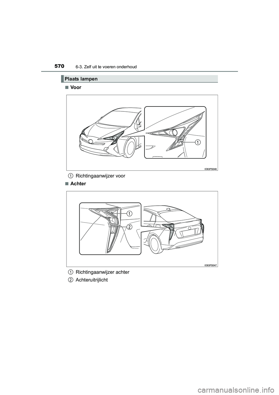 TOYOTA PRIUS 2015  Instructieboekje (in Dutch) 5706-3. Zelf uit te voeren onderhoud
PRIUS_OM_OM47A31E_(EE)■
Voor
Richtingaanwijzer voor
■Achter
Richtingaanwijzer achter
Achteruitrijlicht
Plaats lampen
1
1
2
PRIUS_OM_OM47A31E_(EE).book  Page 57