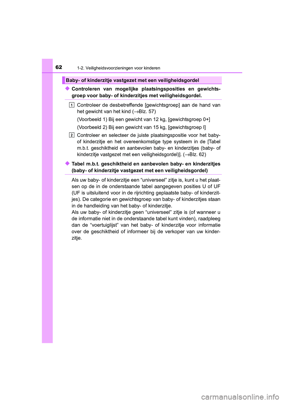 TOYOTA PRIUS 2015 Instructieboekje (in Dutch) 621-2. Veiligheidsvoorzieningen voor kinderen
PRIUS_OM_OM47A31E_(EE)
◆Controleren van mogelijke plaatsingsposities en gewichts-
groep voor baby- of kinderzitjes met veiligheidsgordel.
Controleer de TOYOTA PRIUS 2015 Instructieboekje (in Dutch) 621-2. Veiligheidsvoorzieningen voor kinderen
PRIUS_OM_OM47A31E_(EE)
◆Controleren van mogelijke plaatsingsposities en gewichts-
groep voor baby- of kinderzitjes met veiligheidsgordel.
Controleer de