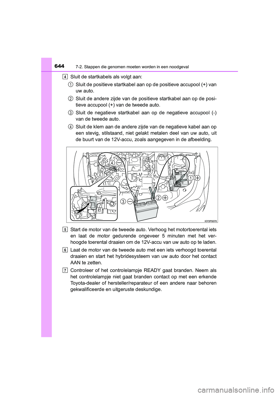 TOYOTA PRIUS 2015  Instructieboekje (in Dutch) 6447-2. Stappen die genomen moeten worden in een noodgeval
PRIUS_OM_OM47A31E_(EE)
Sluit de startkabels als volgt aan:Sluit de positieve startkabel aan op de positieve accupool (+) van
uw auto.
Sluit d