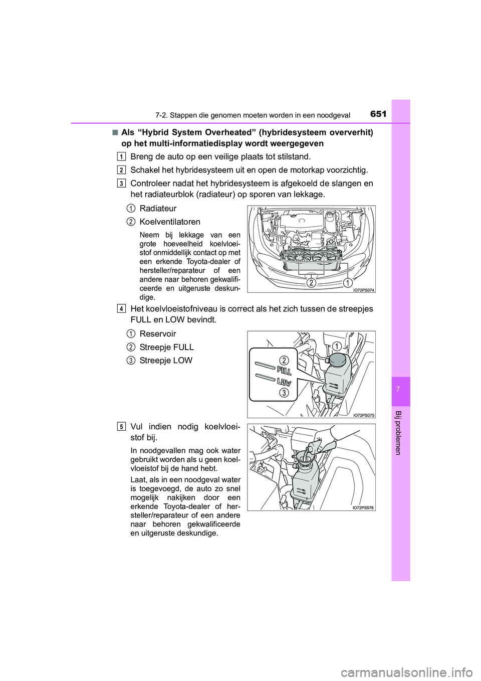 TOYOTA PRIUS 2015 Instructieboekje (in Dutch) 6517-2. Stappen die genomen moeten worden in een noodgeval
PRIUS_OM_OM47A31E_(EE)
7
Bij problemen
■Als “Hybrid System Overheated” (hybridesysteem oververhit)
op het multi-informatiedisplay wordt TOYOTA PRIUS 2015 Instructieboekje (in Dutch) 6517-2. Stappen die genomen moeten worden in een noodgeval
PRIUS_OM_OM47A31E_(EE)
7
Bij problemen
■Als “Hybrid System Overheated” (hybridesysteem oververhit)
op het multi-informatiedisplay wordt