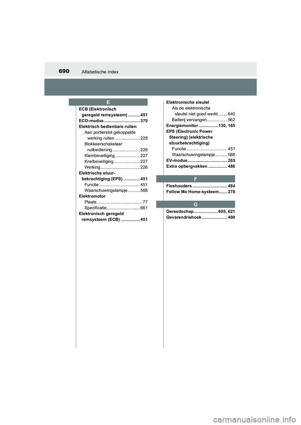 TOYOTA PRIUS 2015  Instructieboekje (in Dutch) 690Alfabetische index
PRIUS_OM_OM47A31E_(EE)
ECB (Elektronisch geregeld remsysteem) .......... 451
ECO-modus .............................. 370
Elektrisch bedienbare ruiten Aan portierslot gekoppelde 