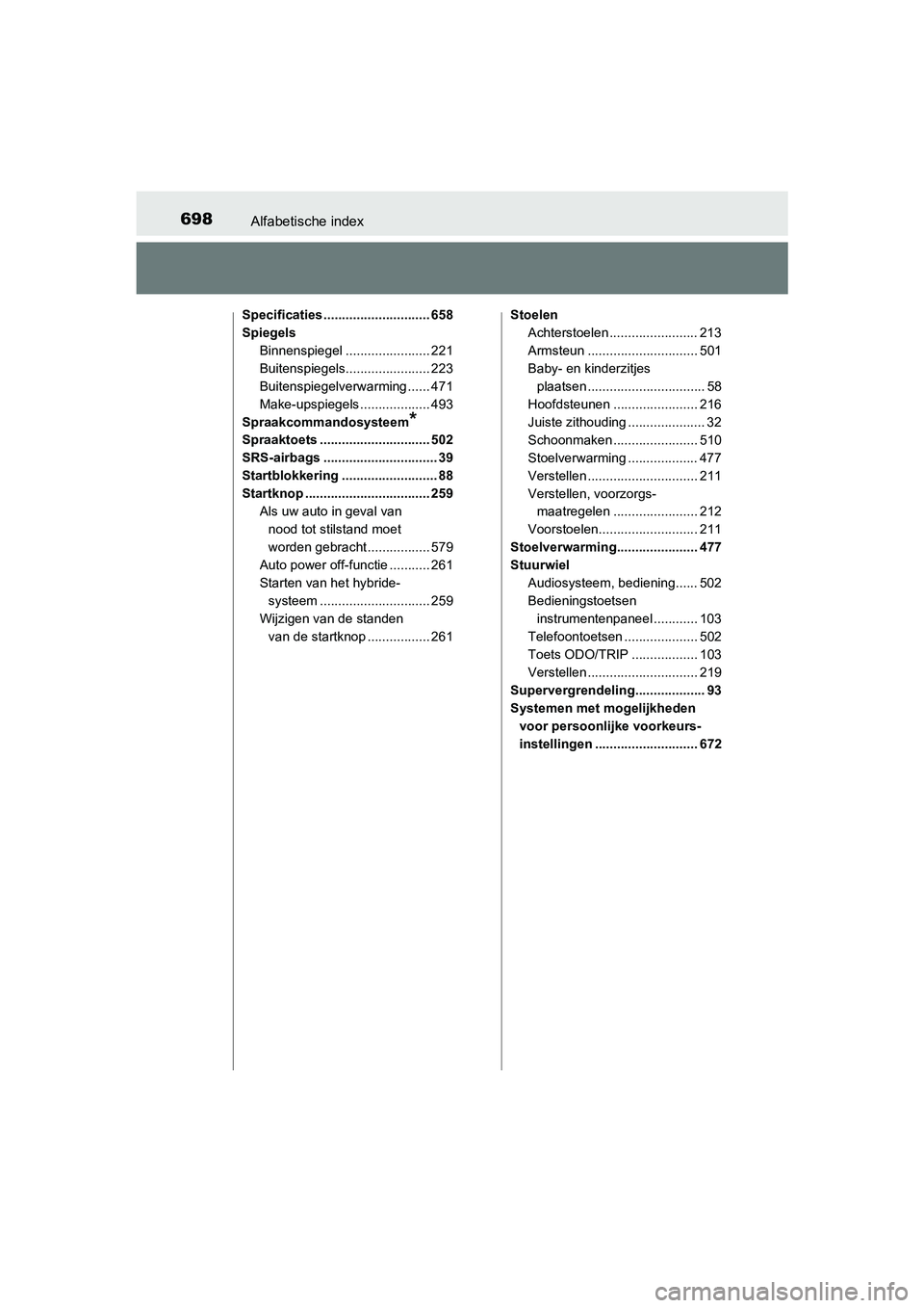 TOYOTA PRIUS 2015 Instructieboekje (in Dutch) 698Alfabetische index
PRIUS_OM_OM47A31E_(EE)
Specificaties ............................. 658
SpiegelsBinnenspiegel ....................... 221
Buitenspiegels....................... 223
Buitenspiegelve TOYOTA PRIUS 2015 Instructieboekje (in Dutch) 698Alfabetische index
PRIUS_OM_OM47A31E_(EE)
Specificaties ............................. 658
SpiegelsBinnenspiegel ....................... 221
Buitenspiegels....................... 223
Buitenspiegelve