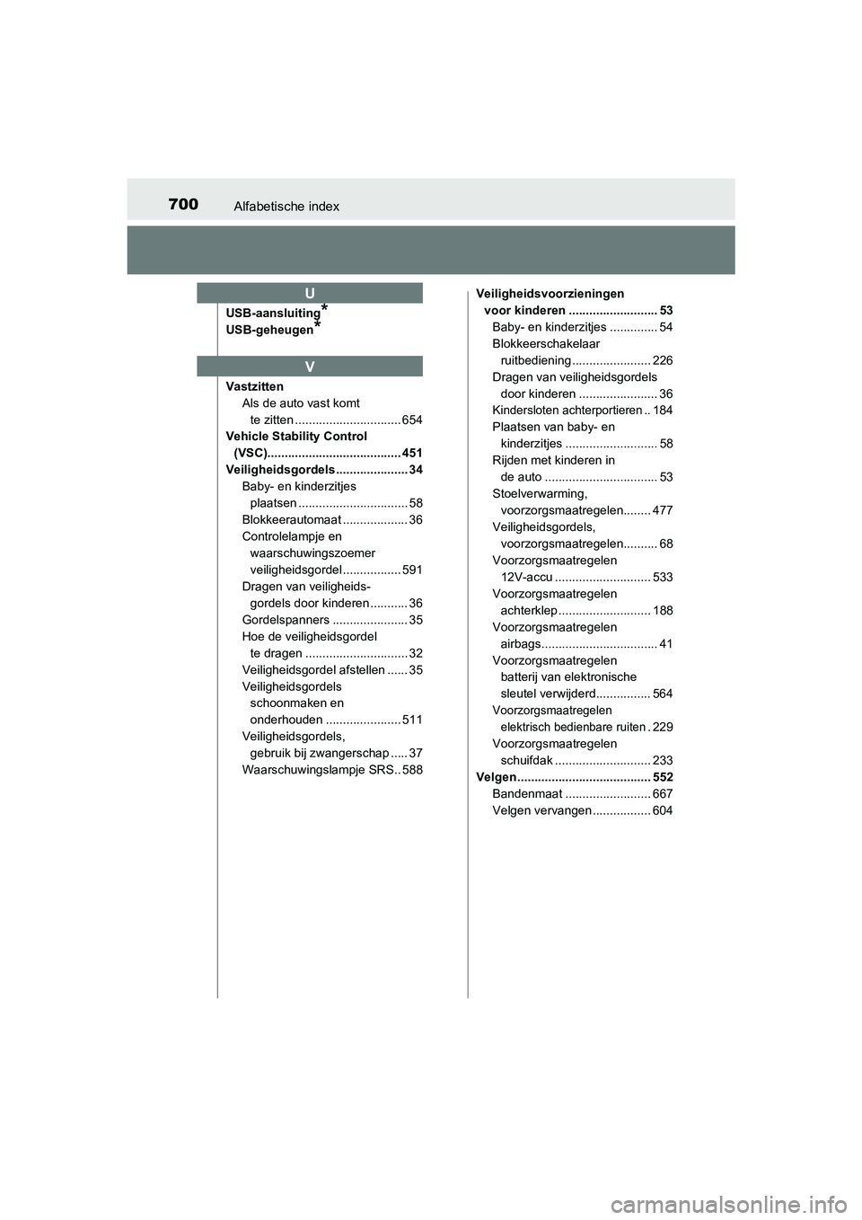 TOYOTA PRIUS 2015 Instructieboekje (in Dutch) 700Alfabetische index
PRIUS_OM_OM47A31E_(EE)
USB-aansluiting*
USB-geheugen*
VastzittenAls de auto vast komt te zitten ............................... 654
Vehicle Stability Control
(VSC).............. TOYOTA PRIUS 2015 Instructieboekje (in Dutch) 700Alfabetische index
PRIUS_OM_OM47A31E_(EE)
USB-aansluiting*
USB-geheugen*
VastzittenAls de auto vast komt te zitten ............................... 654
Vehicle Stability Control
(VSC)..............
