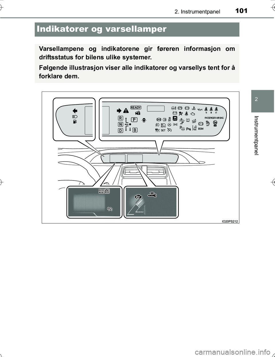 TOYOTA PRIUS 2016 Instruksjoner for bruk (in Norwegian) 101
2
2. Instrumentpanel
Instrumentpanel
OM47A31NO
Indikatorer og varsellamper
Varsellampene og indikatorene gir føreren informasjon om
driftsstatus for bilens ulike systemer.
Følgende illustrasjon TOYOTA PRIUS 2016 Instruksjoner for bruk (in Norwegian) 101
2
2. Instrumentpanel
Instrumentpanel
OM47A31NO
Indikatorer og varsellamper
Varsellampene og indikatorene gir føreren informasjon om
driftsstatus for bilens ulike systemer.
Følgende illustrasjon