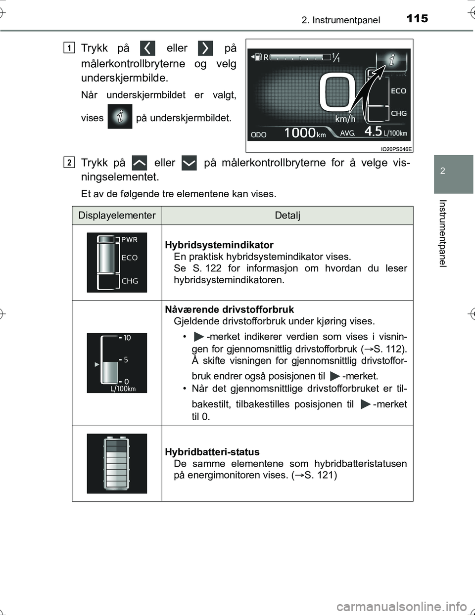 TOYOTA PRIUS 2016 Instruksjoner for bruk (in Norwegian) 1152. Instrumentpanel
2
Instrumentpanel
OM47A31NO
Trykk på eller på
målerkontrollbryterne og velg
underskjermbilde.
Når underskjermbildet er valgt,
vises på underskjermbildet.
Trykk på el TOYOTA PRIUS 2016 Instruksjoner for bruk (in Norwegian) 1152. Instrumentpanel
2
Instrumentpanel
OM47A31NO
Trykk på eller på
målerkontrollbryterne og velg
underskjermbilde.
Når underskjermbildet er valgt,
vises på underskjermbildet.
Trykk på el