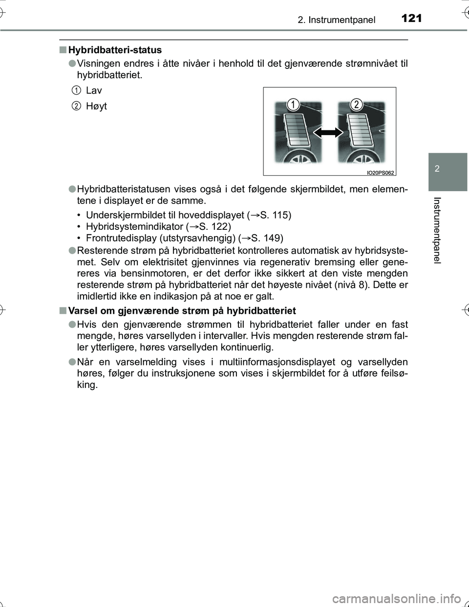 TOYOTA PRIUS 2016 Instruksjoner for bruk (in Norwegian) 1212. Instrumentpanel
2
Instrumentpanel
OM47A31NO
nHybridbatteri-status
lVisningen endres i åtte nivåer i henhold til det gjenværende strømnivået til
hybridbatteriet.
l Hybridbatteristatusen vise TOYOTA PRIUS 2016 Instruksjoner for bruk (in Norwegian) 1212. Instrumentpanel
2
Instrumentpanel
OM47A31NO
nHybridbatteri-status
lVisningen endres i åtte nivåer i henhold til det gjenværende strømnivået til
hybridbatteriet.
l Hybridbatteristatusen vise