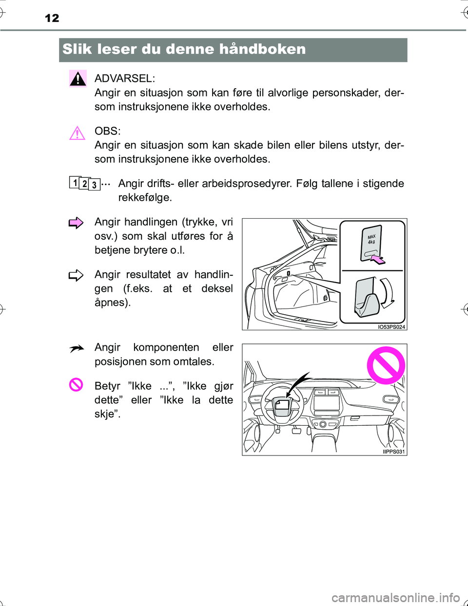 TOYOTA PRIUS 2016 Instruksjoner for bruk (in Norwegian) 12
OM47A31NO
Slik leser du denne håndboken
ADVARSEL:
Angir en situasjon som kan føre til alvorlige personskader, der-
som instruksjonene ikke overholdes.
OBS:
Angir en situasjon som kan skade bile TOYOTA PRIUS 2016 Instruksjoner for bruk (in Norwegian) 12
OM47A31NO
Slik leser du denne håndboken
ADVARSEL:
Angir en situasjon som kan føre til alvorlige personskader, der-
som instruksjonene ikke overholdes.
OBS:
Angir en situasjon som kan skade bile