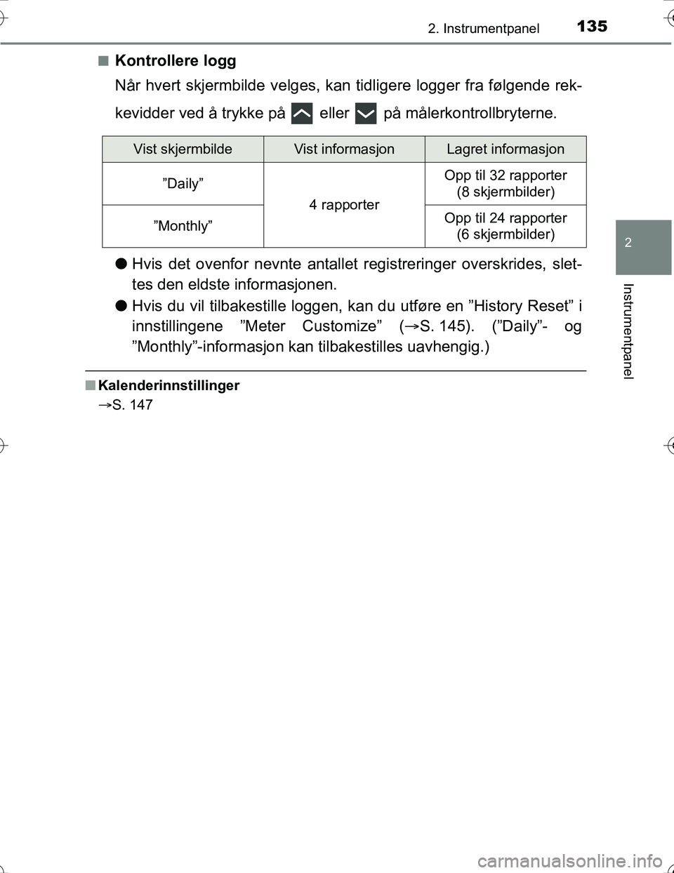 TOYOTA PRIUS 2016  Instruksjoner for bruk (in Norwegian) 1352. Instrumentpanel
2
Instrumentpanel
OM47A31NOn
Kontrollere logg
Når hvert skjermbilde ve
lges, kan tidligere logger fra følgende rek-
kevidder ved å trykke på   eller   på målerkontrollbryte