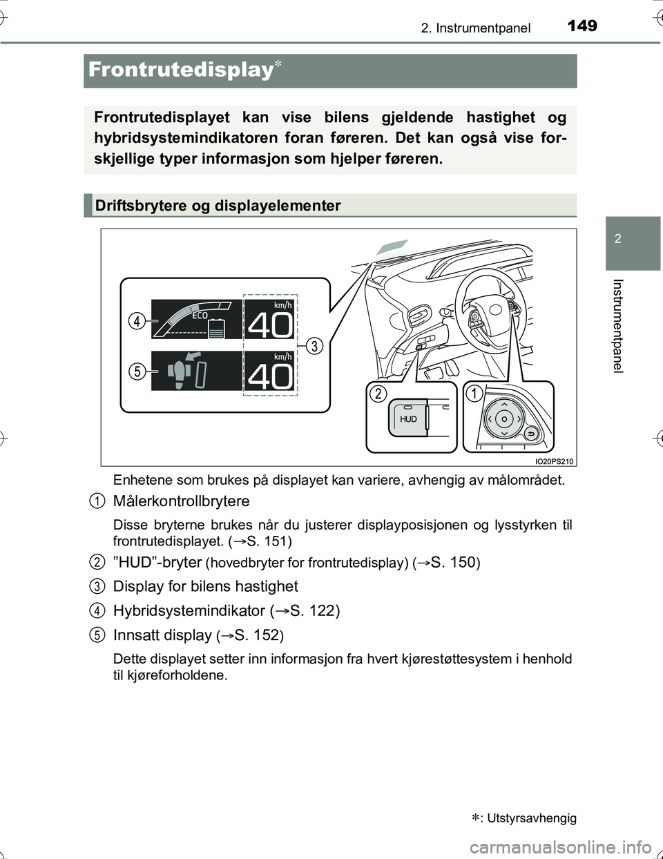 TOYOTA PRIUS 2016 Instruksjoner for bruk (in Norwegian) 149
2
2. Instrumentpanel
Instrumentpanel
OM47A31NO
Frontrutedisplay
Enhetene som brukes på displayet kan variere, avhengig av målområdet.\
Målerkontrollbrytere
Disse bryterne brukes når du ju TOYOTA PRIUS 2016 Instruksjoner for bruk (in Norwegian) 149
2
2. Instrumentpanel
Instrumentpanel
OM47A31NO
Frontrutedisplay
Enhetene som brukes på displayet kan variere, avhengig av målområdet.\
Målerkontrollbrytere
Disse bryterne brukes når du ju