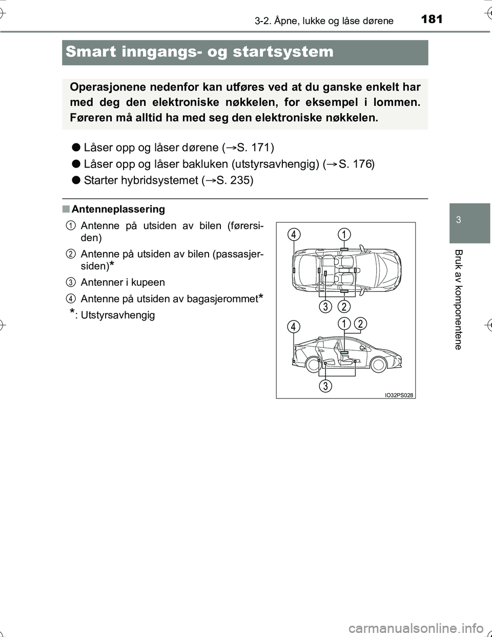 TOYOTA PRIUS 2016 Instruksjoner for bruk (in Norwegian) 181
3
3-2. Åpne, lukke og låse dørene
Bruk av komponentene
OM47A31NO
Smart inngangs- og star tsystem
lLåser opp og låser dørene ( S. 171)
l Låser opp og låser bakluken (utstyrsavhengig) ( TOYOTA PRIUS 2016 Instruksjoner for bruk (in Norwegian) 181
3
3-2. Åpne, lukke og låse dørene
Bruk av komponentene
OM47A31NO
Smart inngangs- og star tsystem
lLåser opp og låser dørene ( S. 171)
l Låser opp og låser bakluken (utstyrsavhengig) (