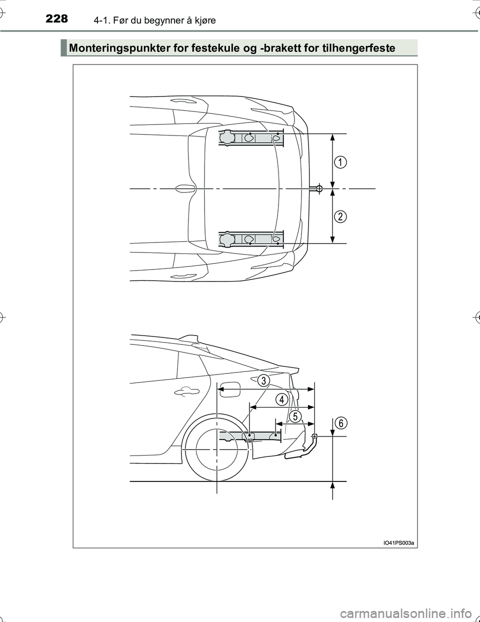 TOYOTA PRIUS 2016 Instruksjoner for bruk (in Norwegian) 2284-1. Før du begynner å kjøre
OM47A31NO
Monteringspunkter for festekule og -brakett for tilhengerfeste
OM47A31NO.book Page 228 Friday, April 8, 2016 10:00 AM TOYOTA PRIUS 2016 Instruksjoner for bruk (in Norwegian) 2284-1. Før du begynner å kjøre
OM47A31NO
Monteringspunkter for festekule og -brakett for tilhengerfeste
OM47A31NO.book Page 228 Friday, April 8, 2016 10:00 AM