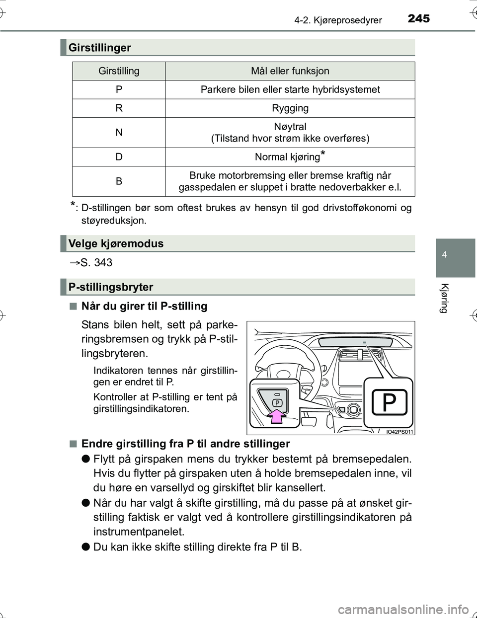 TOYOTA PRIUS 2016 Instruksjoner for bruk (in Norwegian) 2454-2. Kjøreprosedyrer
4
Kjøring
OM47A31NO
*: D-stillingen bør som oftest brukes av hensyn til god drivstofføkonomi ogstøyreduksjon.
S. 343
nNår du girer til P-stilling
Stans bilen helt, se TOYOTA PRIUS 2016 Instruksjoner for bruk (in Norwegian) 2454-2. Kjøreprosedyrer
4
Kjøring
OM47A31NO
*: D-stillingen bør som oftest brukes av hensyn til god drivstofføkonomi ogstøyreduksjon.
S. 343
nNår du girer til P-stilling
Stans bilen helt, se