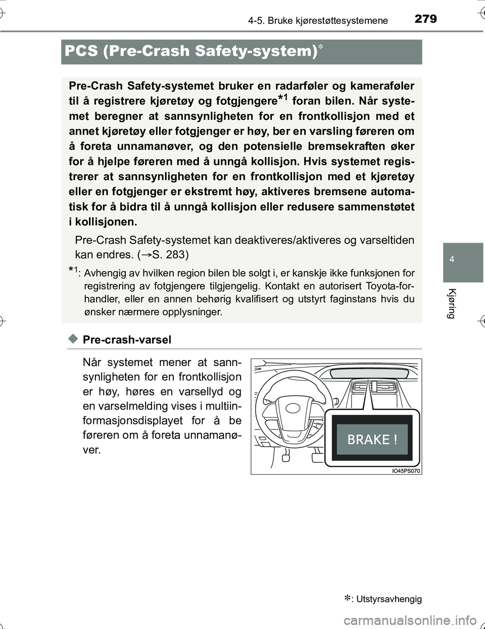 TOYOTA PRIUS 2016 Instruksjoner for bruk (in Norwegian) 279
4
4-5. Bruke kjørestøttesystemene
Kjøring
OM47A31NO
PCS (Pre-Crash Safety-system)
uPre-crash-varsel
Når systemet mener at sann-
synligheten for en frontkollisjon
er høy, høres en varselly TOYOTA PRIUS 2016 Instruksjoner for bruk (in Norwegian) 279
4
4-5. Bruke kjørestøttesystemene
Kjøring
OM47A31NO
PCS (Pre-Crash Safety-system)
uPre-crash-varsel
Når systemet mener at sann-
synligheten for en frontkollisjon
er høy, høres en varselly