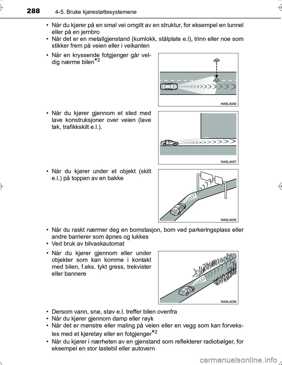 TOYOTA PRIUS 2016 Instruksjoner for bruk (in Norwegian) 2884-5. Bruke kjørestøttesystemene
OM47A31NO• Når du kjører på en smal vei omgitt av en struktur, for eksempel en tunnel
eller på en jernbro
• Når det er en metallgjenstand (kumlokk, stålp TOYOTA PRIUS 2016 Instruksjoner for bruk (in Norwegian) 2884-5. Bruke kjørestøttesystemene
OM47A31NO• Når du kjører på en smal vei omgitt av en struktur, for eksempel en tunnel
eller på en jernbro
• Når det er en metallgjenstand (kumlokk, stålp