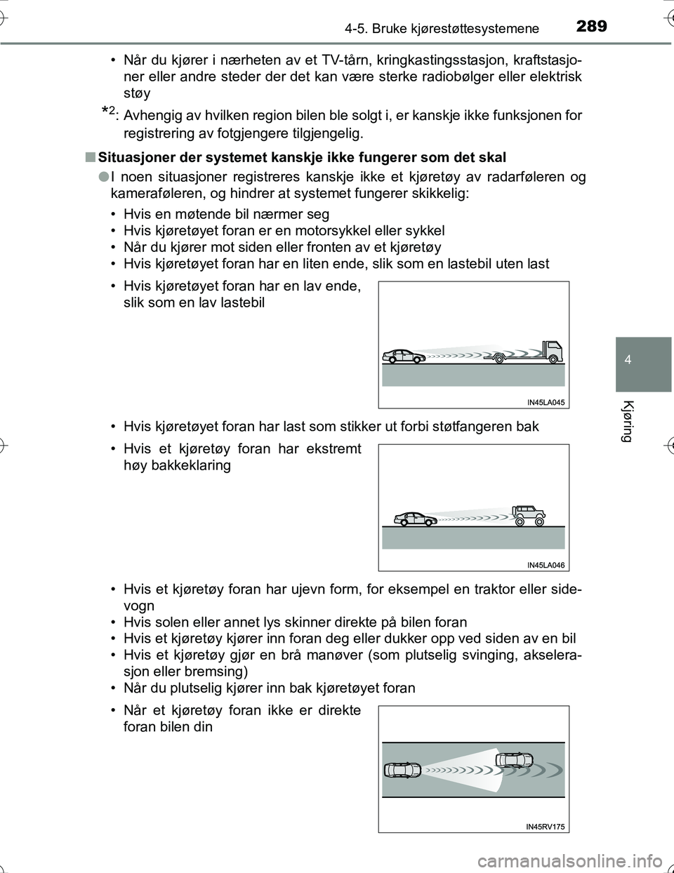 TOYOTA PRIUS 2016 Instruksjoner for bruk (in Norwegian) 2894-5. Bruke kjørestøttesystemene
4
Kjøring
OM47A31NO• Når du kjører i nærheten av et TV-tårn, kringkastingsstasjon, kraftstasjo-
ner eller andre steder der det kan være sterke radiobølger TOYOTA PRIUS 2016 Instruksjoner for bruk (in Norwegian) 2894-5. Bruke kjørestøttesystemene
4
Kjøring
OM47A31NO• Når du kjører i nærheten av et TV-tårn, kringkastingsstasjon, kraftstasjo-
ner eller andre steder der det kan være sterke radiobølger