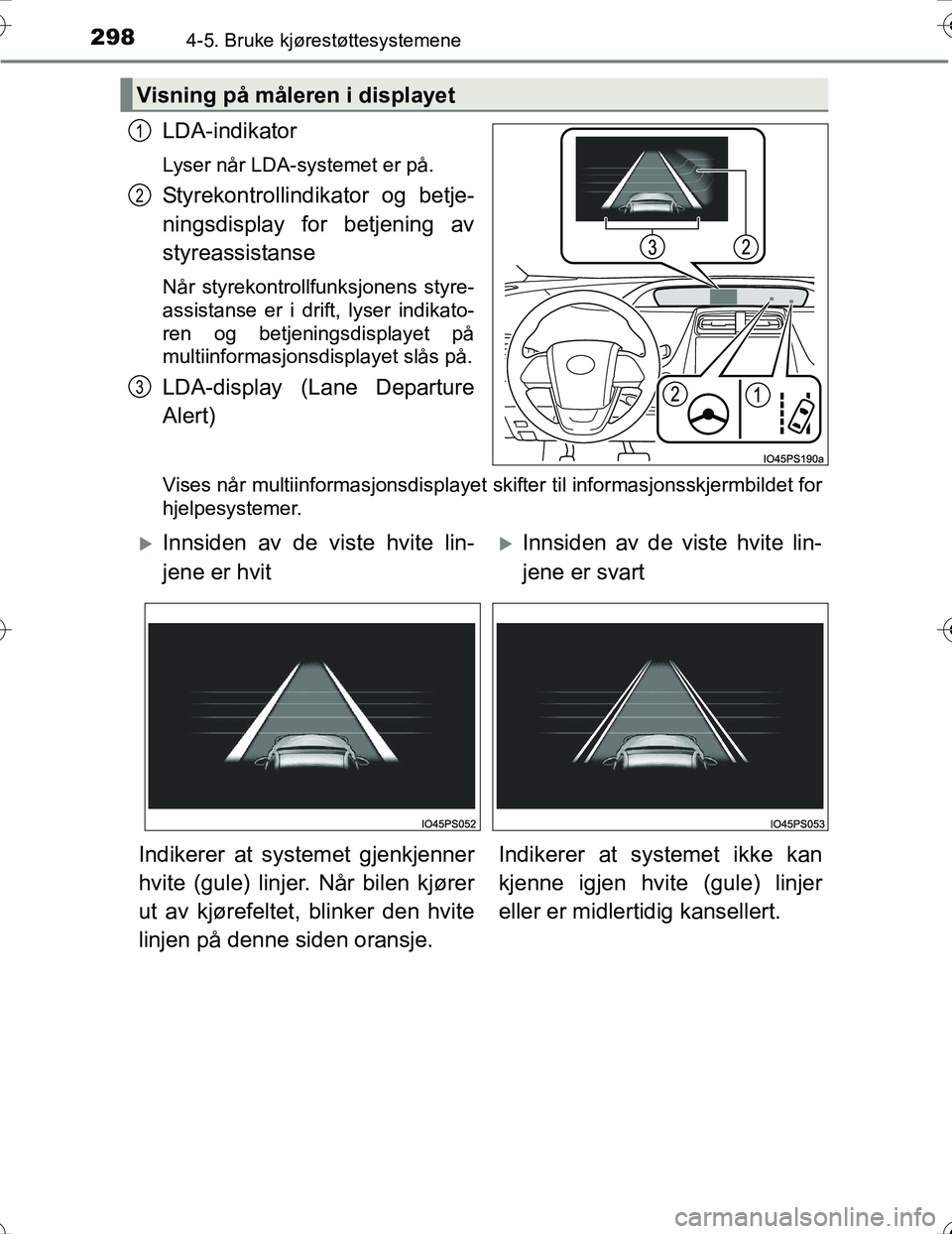 TOYOTA PRIUS 2016 Instruksjoner for bruk (in Norwegian) 2984-5. Bruke kjørestøttesystemene
OM47A31NO
LDA-indikator
Lyser når LDA-systemet er på.
Styrekontrollindikator og betje-
ningsdisplay for betjening av
styreassistanse
Når styrekontrollfunksjonen TOYOTA PRIUS 2016 Instruksjoner for bruk (in Norwegian) 2984-5. Bruke kjørestøttesystemene
OM47A31NO
LDA-indikator
Lyser når LDA-systemet er på.
Styrekontrollindikator og betje-
ningsdisplay for betjening av
styreassistanse
Når styrekontrollfunksjonen