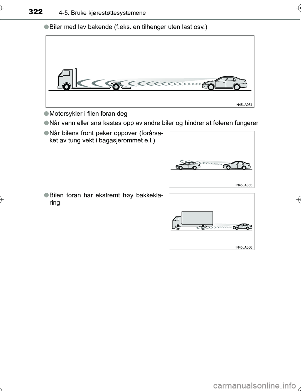 TOYOTA PRIUS 2016 Instruksjoner for bruk (in Norwegian) 3224-5. Bruke kjørestøttesystemene
OM47A31NOl
Biler med lav bakende (f.eks. en tilhenger uten last osv.)
l Motorsykler i filen foran deg
l Når vann eller snø kastes opp av andre biler og hindrer a TOYOTA PRIUS 2016 Instruksjoner for bruk (in Norwegian) 3224-5. Bruke kjørestøttesystemene
OM47A31NOl
Biler med lav bakende (f.eks. en tilhenger uten last osv.)
l Motorsykler i filen foran deg
l Når vann eller snø kastes opp av andre biler og hindrer a