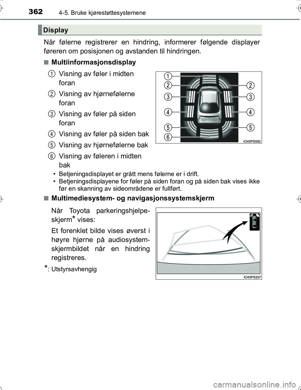 TOYOTA PRIUS 2016 Instruksjoner for bruk (in Norwegian) 3624-5. Bruke kjørestøttesystemene
OM47A31NO
Når følerne registrerer en hindring, informerer følgende displayer
føreren om posisjonen og avstanden til hindringen.
nMultiinformasjonsdisplayVisnin TOYOTA PRIUS 2016 Instruksjoner for bruk (in Norwegian) 3624-5. Bruke kjørestøttesystemene
OM47A31NO
Når følerne registrerer en hindring, informerer følgende displayer
føreren om posisjonen og avstanden til hindringen.
nMultiinformasjonsdisplayVisnin