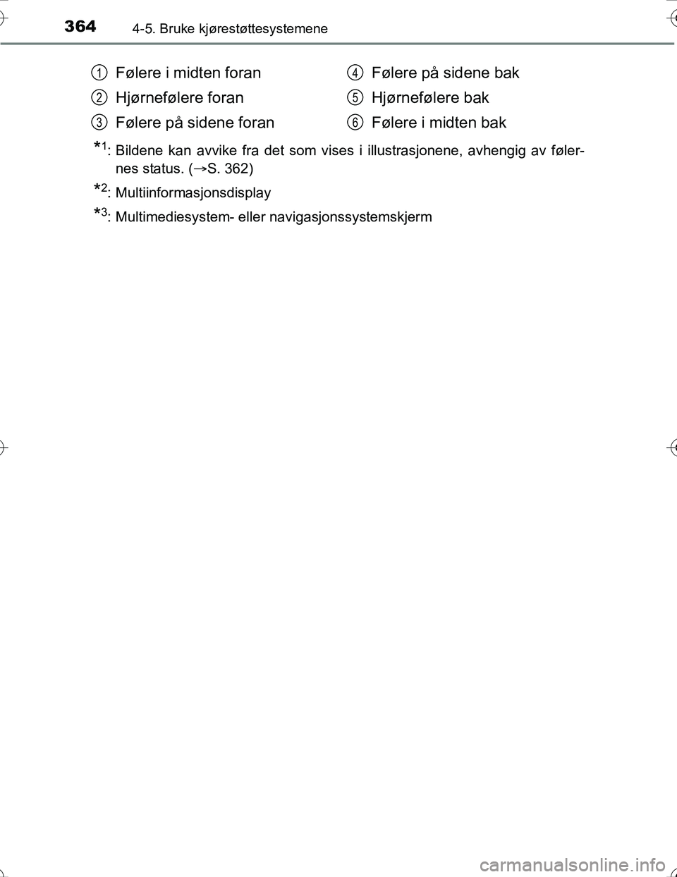 TOYOTA PRIUS 2016 Instruksjoner for bruk (in Norwegian) 3644-5. Bruke kjørestøttesystemene
OM47A31NO
*1: Bildene kan avvike fra det som vises i illustrasjonene, avhengig av føler-nes status. ( S. 362)
*2: Multiinformasjonsdisplay
*3: Multimediesystem TOYOTA PRIUS 2016 Instruksjoner for bruk (in Norwegian) 3644-5. Bruke kjørestøttesystemene
OM47A31NO
*1: Bildene kan avvike fra det som vises i illustrasjonene, avhengig av føler-nes status. ( S. 362)
*2: Multiinformasjonsdisplay
*3: Multimediesystem