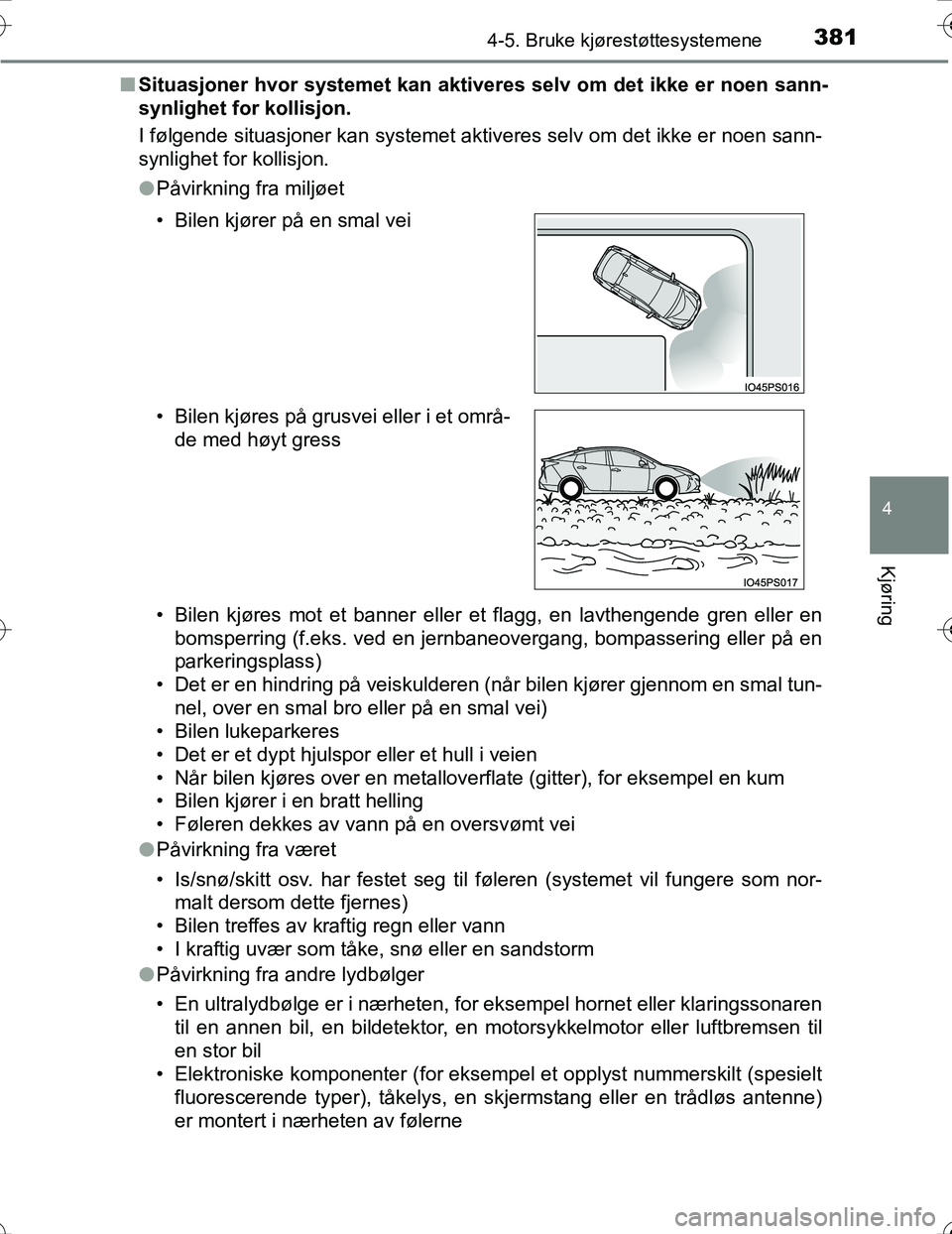 TOYOTA PRIUS 2016 Instruksjoner for bruk (in Norwegian) 3814-5. Bruke kjørestøttesystemene
4
Kjøring
OM47A31NOn
Situasjoner hvor systemet kan aktiver es selv om det ikke er noen sann-
synlighet for kollisjon.
I følgende situasjoner kan systemet aktiver TOYOTA PRIUS 2016 Instruksjoner for bruk (in Norwegian) 3814-5. Bruke kjørestøttesystemene
4
Kjøring
OM47A31NOn
Situasjoner hvor systemet kan aktiver es selv om det ikke er noen sann-
synlighet for kollisjon.
I følgende situasjoner kan systemet aktiver