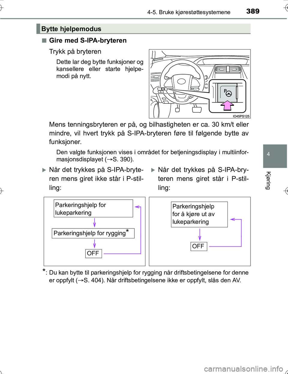 TOYOTA PRIUS 2016 Instruksjoner for bruk (in Norwegian) 3894-5. Bruke kjørestøttesystemene
4
Kjøring
OM47A31NOn
Gire med S-IPA-bryteren
Trykk på bryteren
Dette lar deg bytte funksjoner og
kansellere eller starte hjelpe-
modi på nytt.
Mens tenningsbryt TOYOTA PRIUS 2016 Instruksjoner for bruk (in Norwegian) 3894-5. Bruke kjørestøttesystemene
4
Kjøring
OM47A31NOn
Gire med S-IPA-bryteren
Trykk på bryteren
Dette lar deg bytte funksjoner og
kansellere eller starte hjelpe-
modi på nytt.
Mens tenningsbryt
