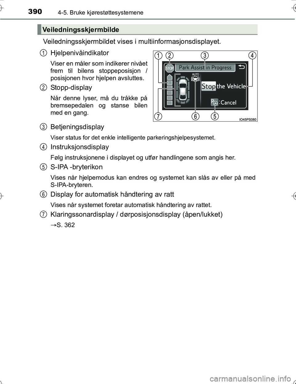 TOYOTA PRIUS 2016 Instruksjoner for bruk (in Norwegian) 3904-5. Bruke kjørestøttesystemene
OM47A31NO
Veiledningsskjermbildet vises i multiinformasjonsdisplayet.
Hjelpenivåindikator
Viser en måler som indikerer nivået
frem til bilens stoppeposisjon /
p TOYOTA PRIUS 2016 Instruksjoner for bruk (in Norwegian) 3904-5. Bruke kjørestøttesystemene
OM47A31NO
Veiledningsskjermbildet vises i multiinformasjonsdisplayet.
Hjelpenivåindikator
Viser en måler som indikerer nivået
frem til bilens stoppeposisjon /
p