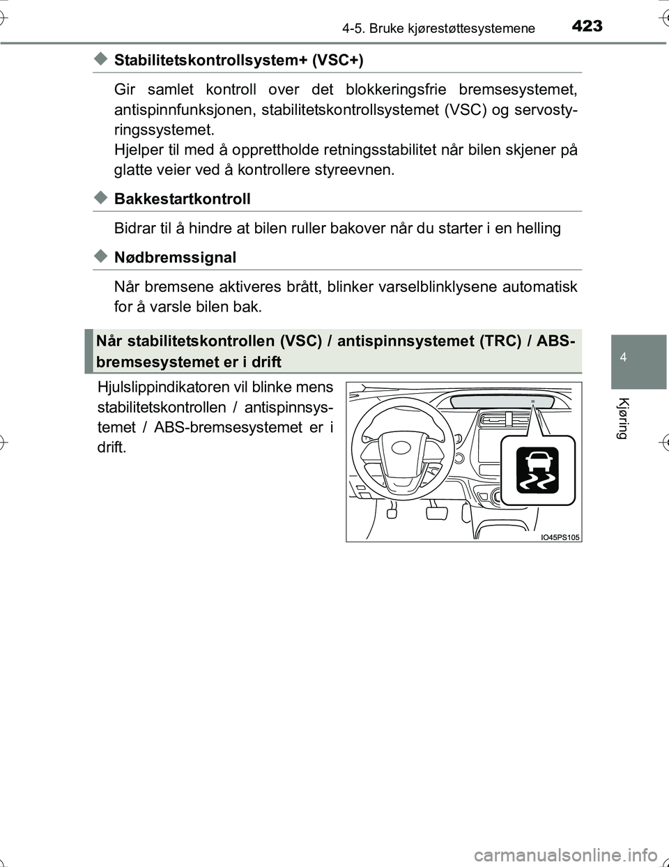 TOYOTA PRIUS 2016 Instruksjoner for bruk (in Norwegian) 4234-5. Bruke kjørestøttesystemene
4
Kjøring
OM47A31NO
uStabilitetskontrollsystem+ (VSC+)
Gir samlet kontroll over det blokkeringsfrie bremsesystemet,
antispinnfunksjonen, stabilitetskon trollsyste TOYOTA PRIUS 2016 Instruksjoner for bruk (in Norwegian) 4234-5. Bruke kjørestøttesystemene
4
Kjøring
OM47A31NO
uStabilitetskontrollsystem+ (VSC+)
Gir samlet kontroll over det blokkeringsfrie bremsesystemet,
antispinnfunksjonen, stabilitetskon trollsyste