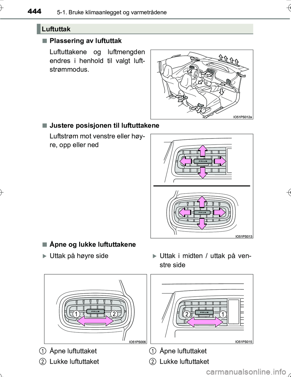 TOYOTA PRIUS 2016 Instruksjoner for bruk (in Norwegian) 4445-1. Bruke klimaanlegget og varmetrådene
OM47A31NOn
Plassering av luftuttak
Luftuttakene og luftmengden
endres i henhold til valgt luft-
strømmodus.
nJustere posisjonen til luftuttakene
Luftstrø TOYOTA PRIUS 2016 Instruksjoner for bruk (in Norwegian) 4445-1. Bruke klimaanlegget og varmetrådene
OM47A31NOn
Plassering av luftuttak
Luftuttakene og luftmengden
endres i henhold til valgt luft-
strømmodus.
nJustere posisjonen til luftuttakene
Luftstrø