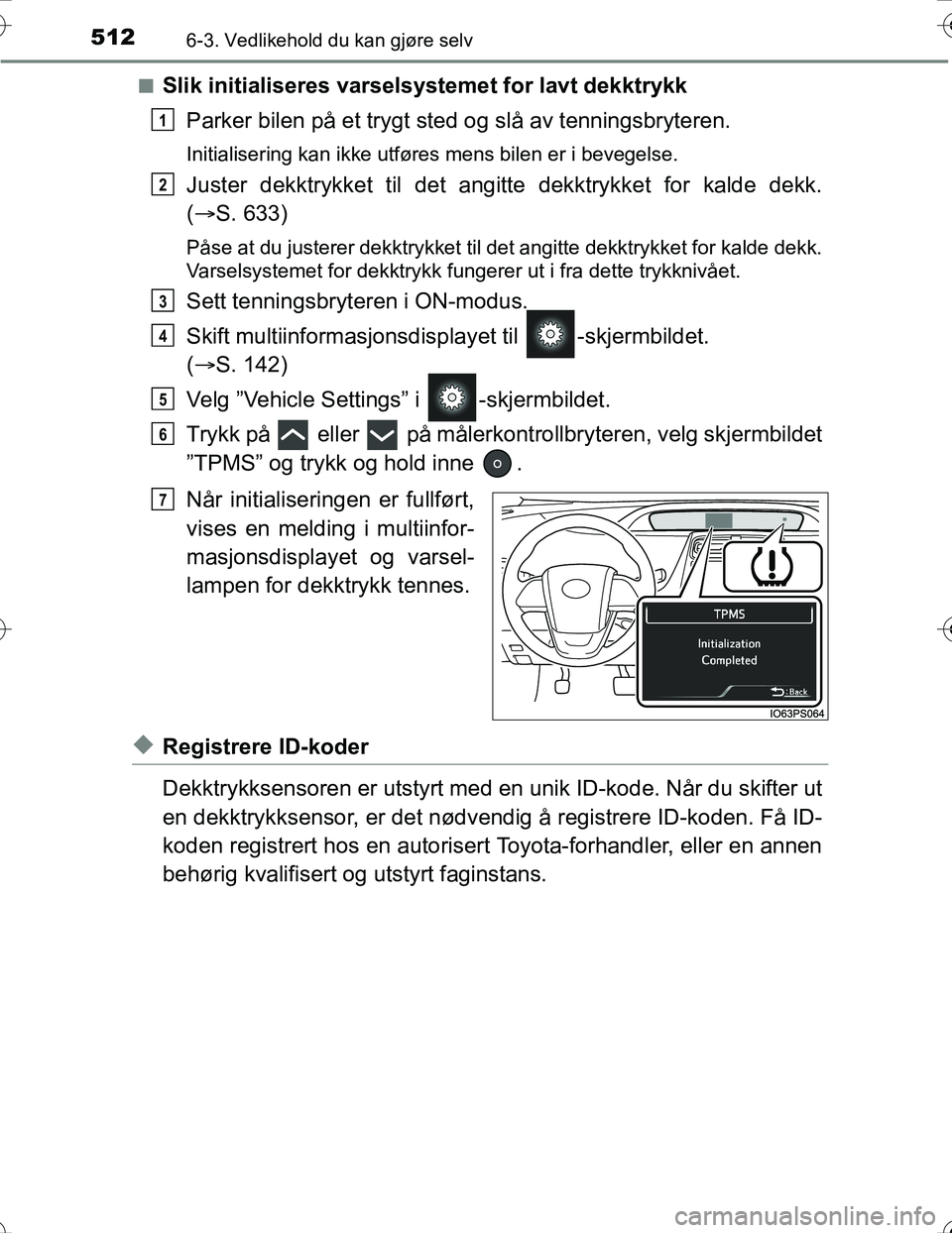 TOYOTA PRIUS 2016 Instruksjoner for bruk (in Norwegian) 5126-3. Vedlikehold du kan gjøre selv
OM47A31NOn
Slik initialiseres varselsystemet for lavt dekktrykk
Parker bilen på et trygt sted og slå av tenningsbryteren.
Initialisering kan ikke utføres mens TOYOTA PRIUS 2016 Instruksjoner for bruk (in Norwegian) 5126-3. Vedlikehold du kan gjøre selv
OM47A31NOn
Slik initialiseres varselsystemet for lavt dekktrykk
Parker bilen på et trygt sted og slå av tenningsbryteren.
Initialisering kan ikke utføres mens