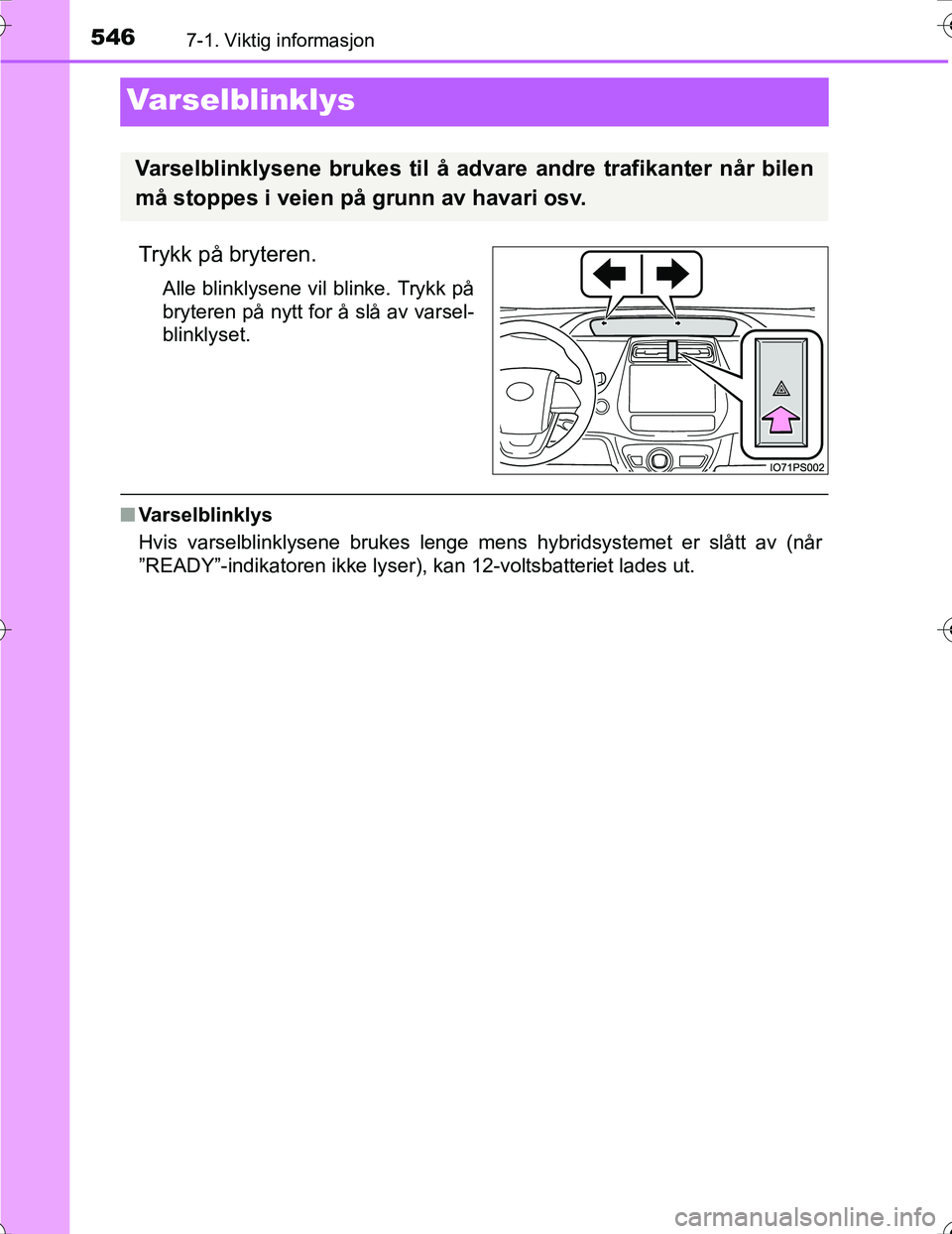 TOYOTA PRIUS 2016 Instruksjoner for bruk (in Norwegian) 5467-1. Viktig informasjon
OM47A31NO
Varselblinklys
Trykk på bryteren.
Alle blinklysene vil blinke. Trykk på
bryteren på nytt for å slå av varsel-
blinklyset.
nVarselblinklys
Hvis varselblinklyse TOYOTA PRIUS 2016 Instruksjoner for bruk (in Norwegian) 5467-1. Viktig informasjon
OM47A31NO
Varselblinklys
Trykk på bryteren.
Alle blinklysene vil blinke. Trykk på
bryteren på nytt for å slå av varsel-
blinklyset.
nVarselblinklys
Hvis varselblinklyse