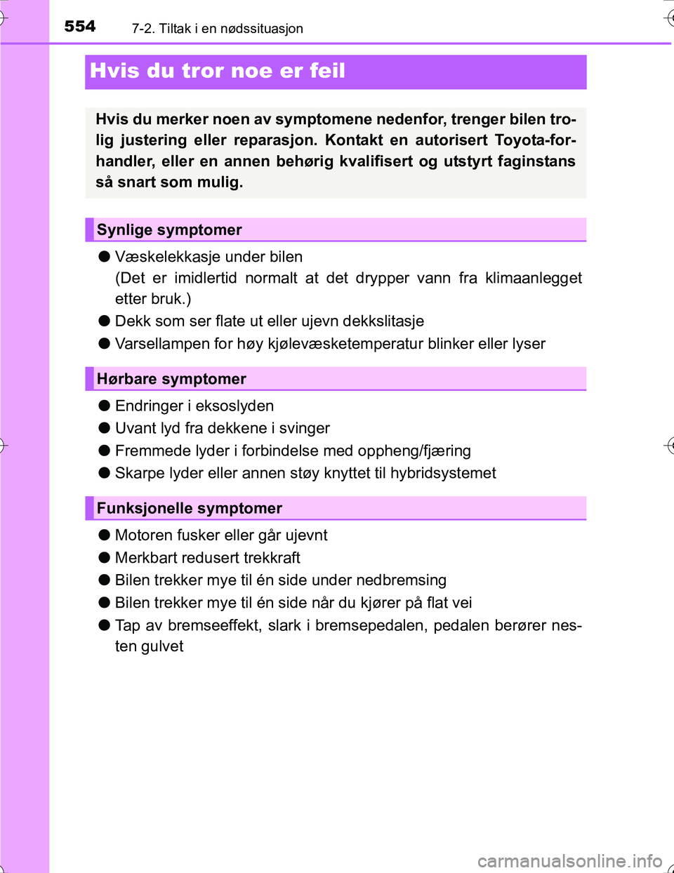 TOYOTA PRIUS 2016 Instruksjoner for bruk (in Norwegian) 5547-2. Tiltak i en nødssituasjon
OM47A31NO
Hvis du tror noe er feil
lVæskelekkasje under bilen
(Det er imidlertid normalt at det drypper vann fra klimaanlegget
etter bruk.)
l Dekk som ser flate ut TOYOTA PRIUS 2016 Instruksjoner for bruk (in Norwegian) 5547-2. Tiltak i en nødssituasjon
OM47A31NO
Hvis du tror noe er feil
lVæskelekkasje under bilen
(Det er imidlertid normalt at det drypper vann fra klimaanlegget
etter bruk.)
l Dekk som ser flate ut