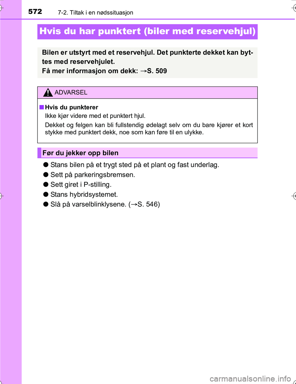 TOYOTA PRIUS 2016 Instruksjoner for bruk (in Norwegian) 5727-2. Tiltak i en nødssituasjon
OM47A31NO
Hvis du har punktert (biler med reser vehjul)
lStans bilen på et trygt sted på et plant og fast underlag.
l Sett på parkeringsbremsen.
l Sett giret i P- TOYOTA PRIUS 2016 Instruksjoner for bruk (in Norwegian) 5727-2. Tiltak i en nødssituasjon
OM47A31NO
Hvis du har punktert (biler med reser vehjul)
lStans bilen på et trygt sted på et plant og fast underlag.
l Sett på parkeringsbremsen.
l Sett giret i P-