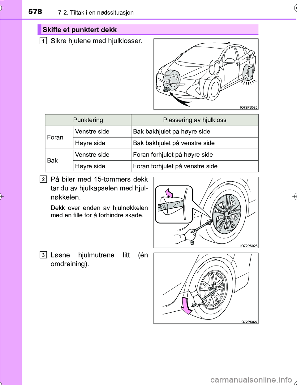 TOYOTA PRIUS 2016 Instruksjoner for bruk (in Norwegian) 5787-2. Tiltak i en nødssituasjon
OM47A31NO
Sikre hjulene med hjulklosser.
På biler med 15-tommers dekk
tar du av hjulkapselen med hjul-
nøkkelen.
Dekk over enden av hjulnøkkelen
med en fille for TOYOTA PRIUS 2016 Instruksjoner for bruk (in Norwegian) 5787-2. Tiltak i en nødssituasjon
OM47A31NO
Sikre hjulene med hjulklosser.
På biler med 15-tommers dekk
tar du av hjulkapselen med hjul-
nøkkelen.
Dekk over enden av hjulnøkkelen
med en fille for