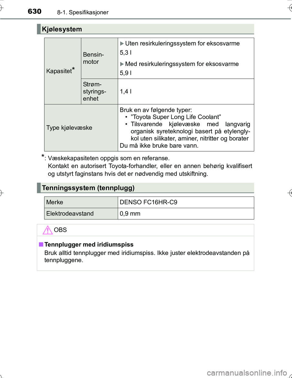 TOYOTA PRIUS 2016 Instruksjoner for bruk (in Norwegian) 6308-1. Spesifikasjoner
OM47A31NO
*: Væskekapasiteten oppgis som en referanse.Kontakt en autorisert Toyota-forhandler, eller en annen behørig kvalifisert
og utstyrt faginstans hvis det er nødvendig TOYOTA PRIUS 2016 Instruksjoner for bruk (in Norwegian) 6308-1. Spesifikasjoner
OM47A31NO
*: Væskekapasiteten oppgis som en referanse.Kontakt en autorisert Toyota-forhandler, eller en annen behørig kvalifisert
og utstyrt faginstans hvis det er nødvendig