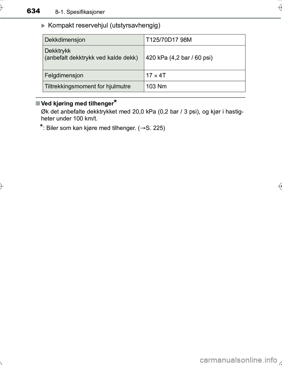 TOYOTA PRIUS 2016 Instruksjoner for bruk (in Norwegian) 6348-1. Spesifikasjoner
OM47A31NO
Kompakt reservehjul (utstyrsavhengig)
nVed kjøring med tilhenger*
Øk det anbefalte dekktrykket med 20,0 kPa (0,2 bar / 3 psi), og kjør i hastig-
heter under 100 TOYOTA PRIUS 2016 Instruksjoner for bruk (in Norwegian) 6348-1. Spesifikasjoner
OM47A31NO
Kompakt reservehjul (utstyrsavhengig)
nVed kjøring med tilhenger*
Øk det anbefalte dekktrykket med 20,0 kPa (0,2 bar / 3 psi), og kjør i hastig-
heter under 100