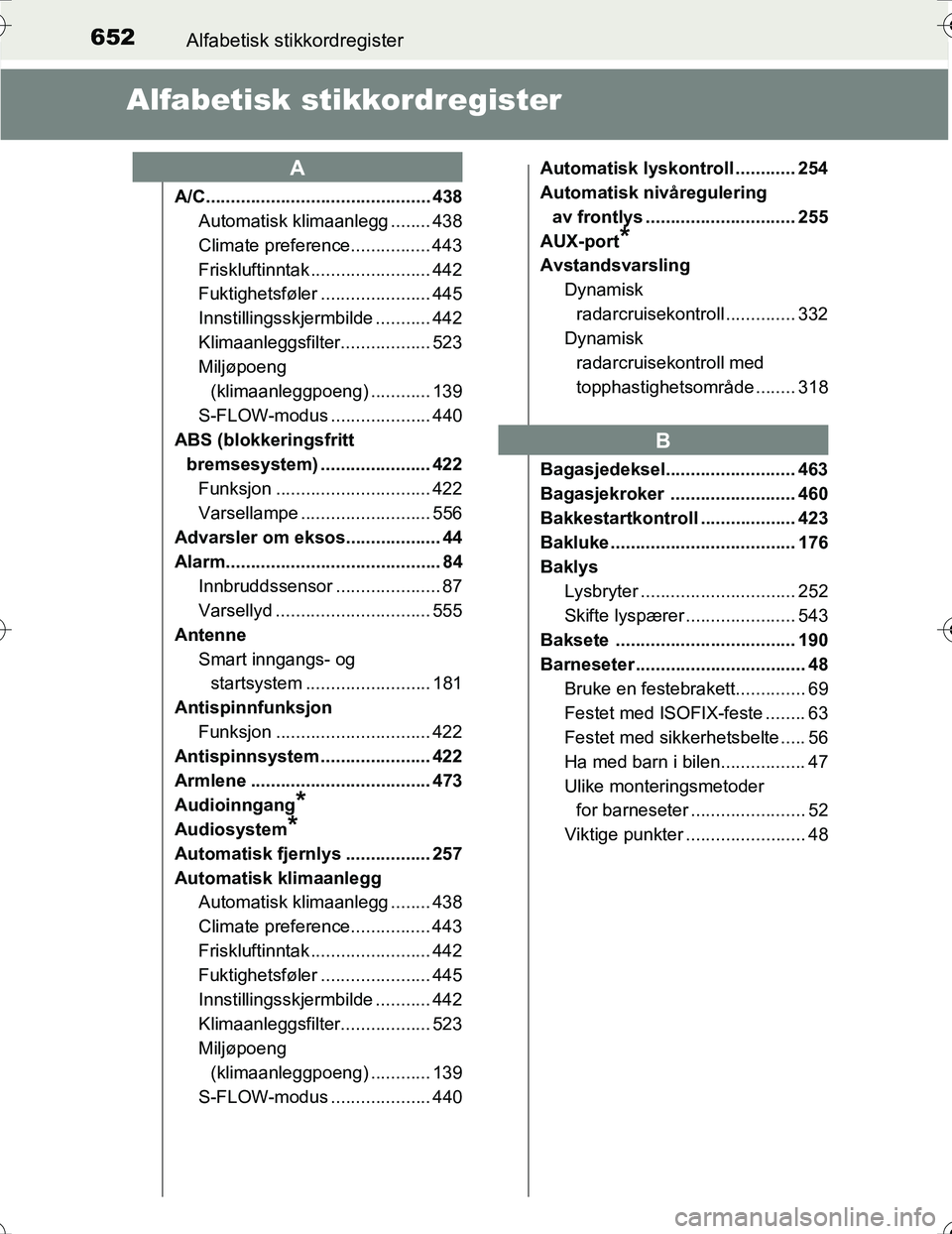TOYOTA PRIUS 2016  Instruksjoner for bruk (in Norwegian) 652Alfabetisk stikkordregister
OM47A31NO
Alfabetisk stikkordregister
A/C............................................. 438
Automatisk klimaanlegg ........ 438
Climate preference................ 443
Fri