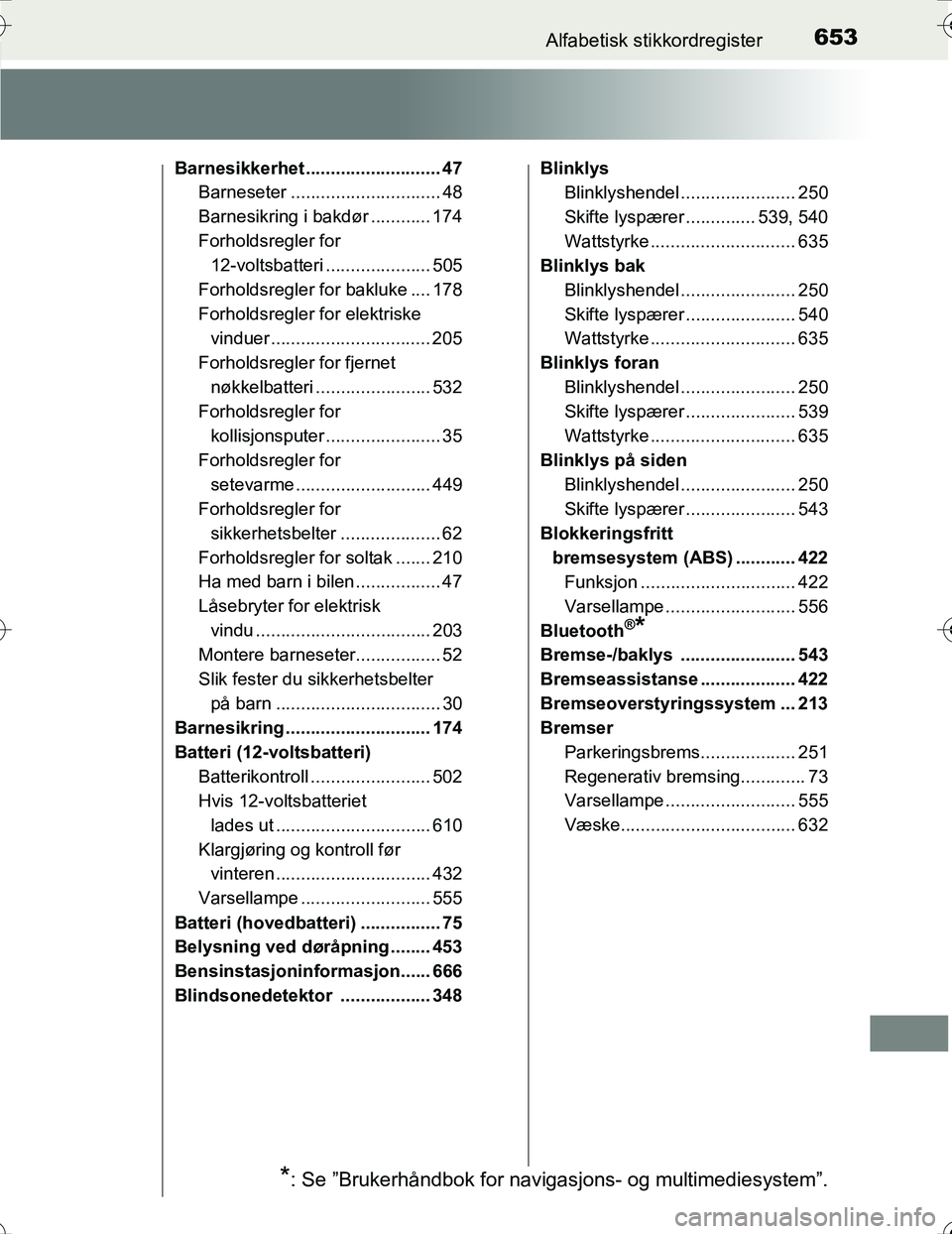TOYOTA PRIUS 2015 Instruksjoner for bruk (in Norwegian) 653Alfabetisk stikkordregister
OM47A31NO
Barnesikkerhet ........................... 47Barneseter .............................. 48
Barnesikring i bakdør ............ 174
Forholdsregler for12-voltsbat TOYOTA PRIUS 2015 Instruksjoner for bruk (in Norwegian) 653Alfabetisk stikkordregister
OM47A31NO
Barnesikkerhet ........................... 47Barneseter .............................. 48
Barnesikring i bakdør ............ 174
Forholdsregler for12-voltsbat