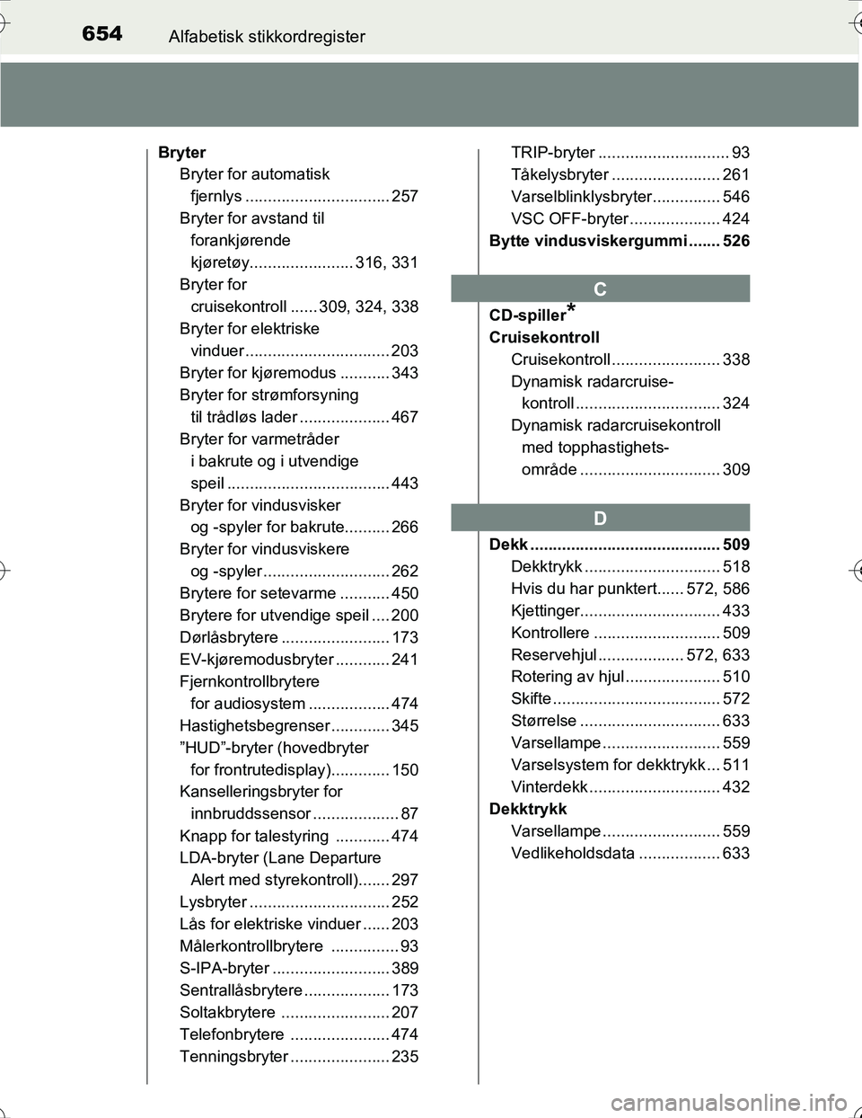 TOYOTA PRIUS 2016  Instruksjoner for bruk (in Norwegian) 654Alfabetisk stikkordregister
OM47A31NO
Bryter
Bryter for automatisk 
fjernlys ................................ 257
Bryter for avstand til forankjørende
kjøretøy....................... 316, 331
Br