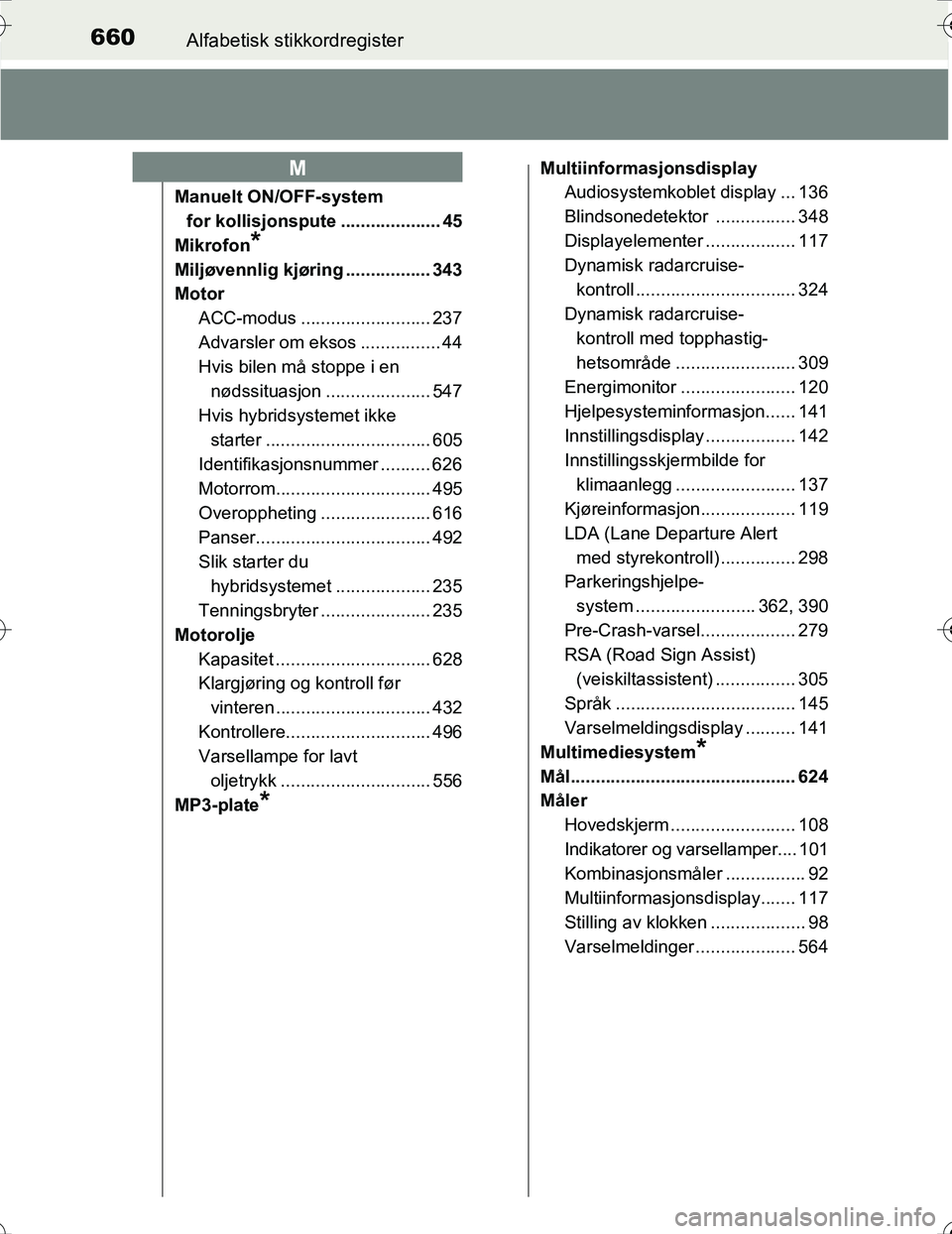 TOYOTA PRIUS 2015 Instruksjoner for bruk (in Norwegian) 660Alfabetisk stikkordregister
OM47A31NO
Manuelt ON/OFF-system
for kollisjonspute .................... 45
Mikrofon
*
Miljøvennlig kjøring ................. 343
Motor ACC-modus ..................... TOYOTA PRIUS 2015 Instruksjoner for bruk (in Norwegian) 660Alfabetisk stikkordregister
OM47A31NO
Manuelt ON/OFF-system
for kollisjonspute .................... 45
Mikrofon
*
Miljøvennlig kjøring ................. 343
Motor ACC-modus .....................