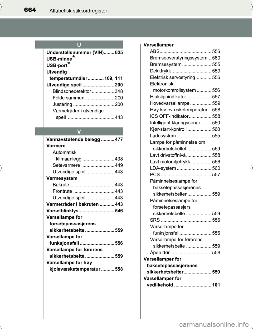 TOYOTA PRIUS 2015 Instruksjoner for bruk (in Norwegian) 664Alfabetisk stikkordregister
OM47A31NO
Understellsnummer (VIN)........ 625
USB-minne
*
USB-port*
Utvendig
temperaturmåler ............ 109, 111
Utvendige speil ........................ 200 Blindso TOYOTA PRIUS 2015 Instruksjoner for bruk (in Norwegian) 664Alfabetisk stikkordregister
OM47A31NO
Understellsnummer (VIN)........ 625
USB-minne
*
USB-port*
Utvendig
temperaturmåler ............ 109, 111
Utvendige speil ........................ 200 Blindso