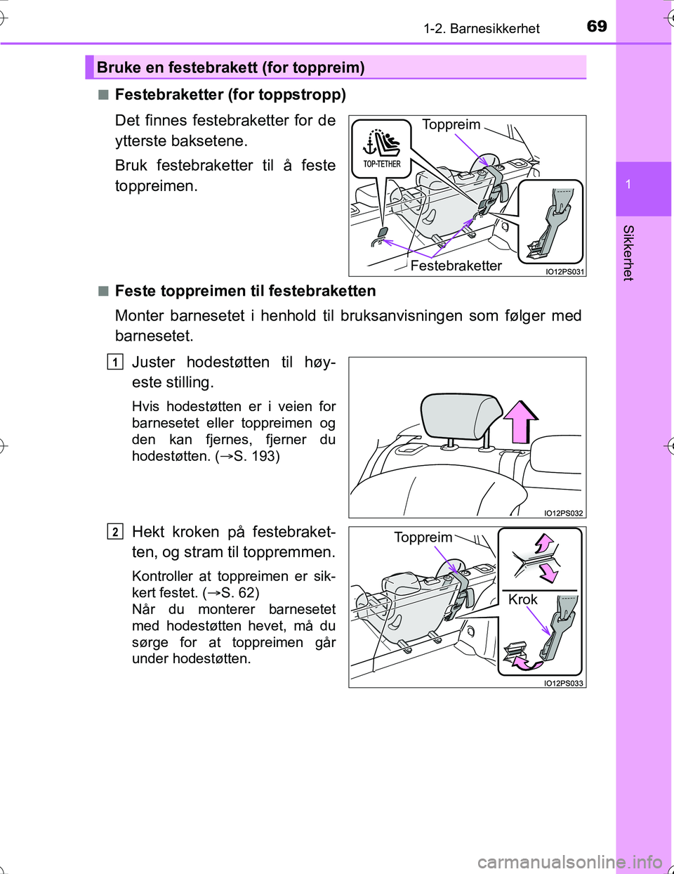 TOYOTA PRIUS 2016 Instruksjoner for bruk (in Norwegian) 691-2. Barnesikkerhet
1
OM47A31NO
Sikkerhet
nFestebraketter (for toppstropp)
Det finnes festebraketter for de
ytterste baksetene.
Bruk festebraketter til å feste
toppreimen.
nFeste toppreimen til fes TOYOTA PRIUS 2016 Instruksjoner for bruk (in Norwegian) 691-2. Barnesikkerhet
1
OM47A31NO
Sikkerhet
nFestebraketter (for toppstropp)
Det finnes festebraketter for de
ytterste baksetene.
Bruk festebraketter til å feste
toppreimen.
nFeste toppreimen til fes