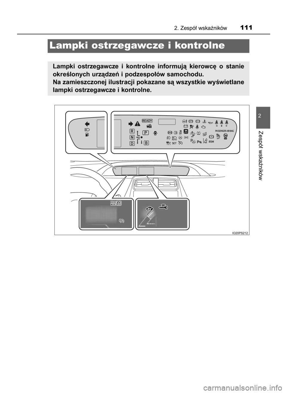 TOYOTA PRIUS 2015  Instrukcja obsługi (in Polish) 2. Zespó∏ wskaêników111
2
Zespó∏ wskaêników
Lampki ostrzegawcze i kontrolne
Lampki  ostrzegawcze  i kontrolne  informujà  kierowc´  o stanie
okreÊlonych urzàdzeƒ i podzespo∏ów samoch