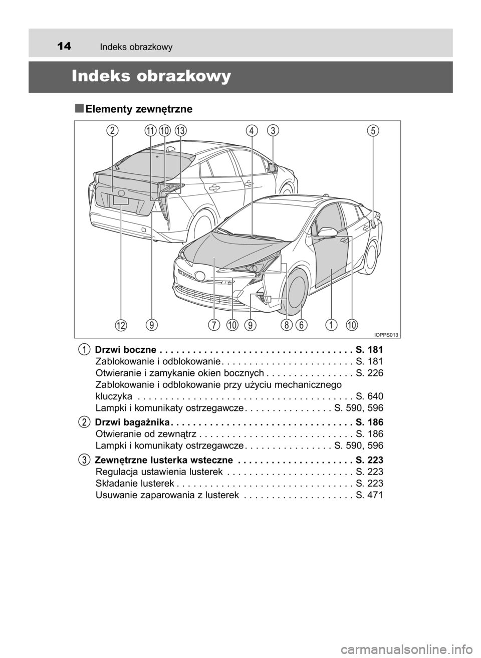 TOYOTA PRIUS 2016  Instrukcja obsługi (in Polish) Indeks obrazkowy14
Indeks obrazkowy
Elementy zewn´trzne
Drzwi boczne . . . . . . . . . . . . . . . . . . . . . . . . . . . . . . . . . . . S. 181
Zablokowanie i odblokowanie . . . . . . . . . . . . .
