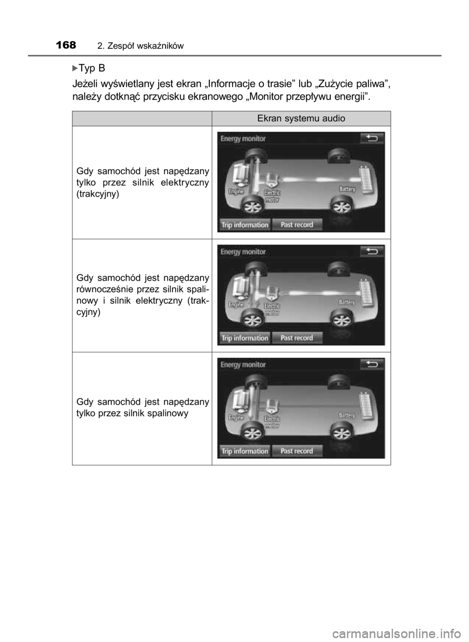 TOYOTA PRIUS 2015  Instrukcja obsługi (in Polish) óTyp B
Je˝eli wyÊwietlany jest ekran „Informacje o trasie” lub „Zu˝ycie paliwa”,
nale˝y dotknàç przycisku ekranowego „Monitor przep∏ywu energii”.
1682. Zespó∏ wskaêników
Ekra