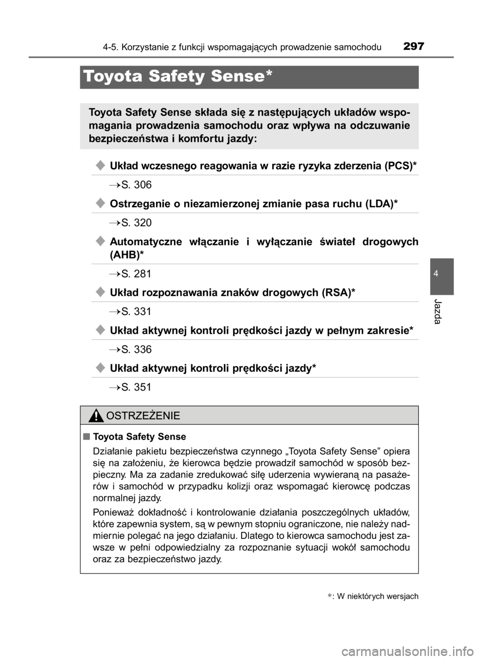 TOYOTA PRIUS 2016  Instrukcja obsługi (in Polish) Uk∏ad wczesnego reagowania w razie ryzyka zderzenia (PCS)*
S. 306
Ostrzeganie o niezamierzonej zmianie pasa ruchu (LDA)*
S.  320
Automatyczne  w∏àczanie  i wy∏àczanie  Êwiate∏  drogowy