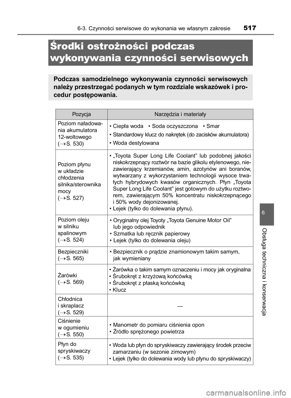 TOYOTA PRIUS 2015  Instrukcja obsługi (in Polish) 6-3. CzynnoÊci serwisowe do wykonania we w∏asnym zakresie517
6
Obs∏uga techniczna i konserwacja
Ârodki ostro˝noÊci podczas
wykonywania czynnoÊci serwisowych
Podczas  samodzielnego  wykonywani