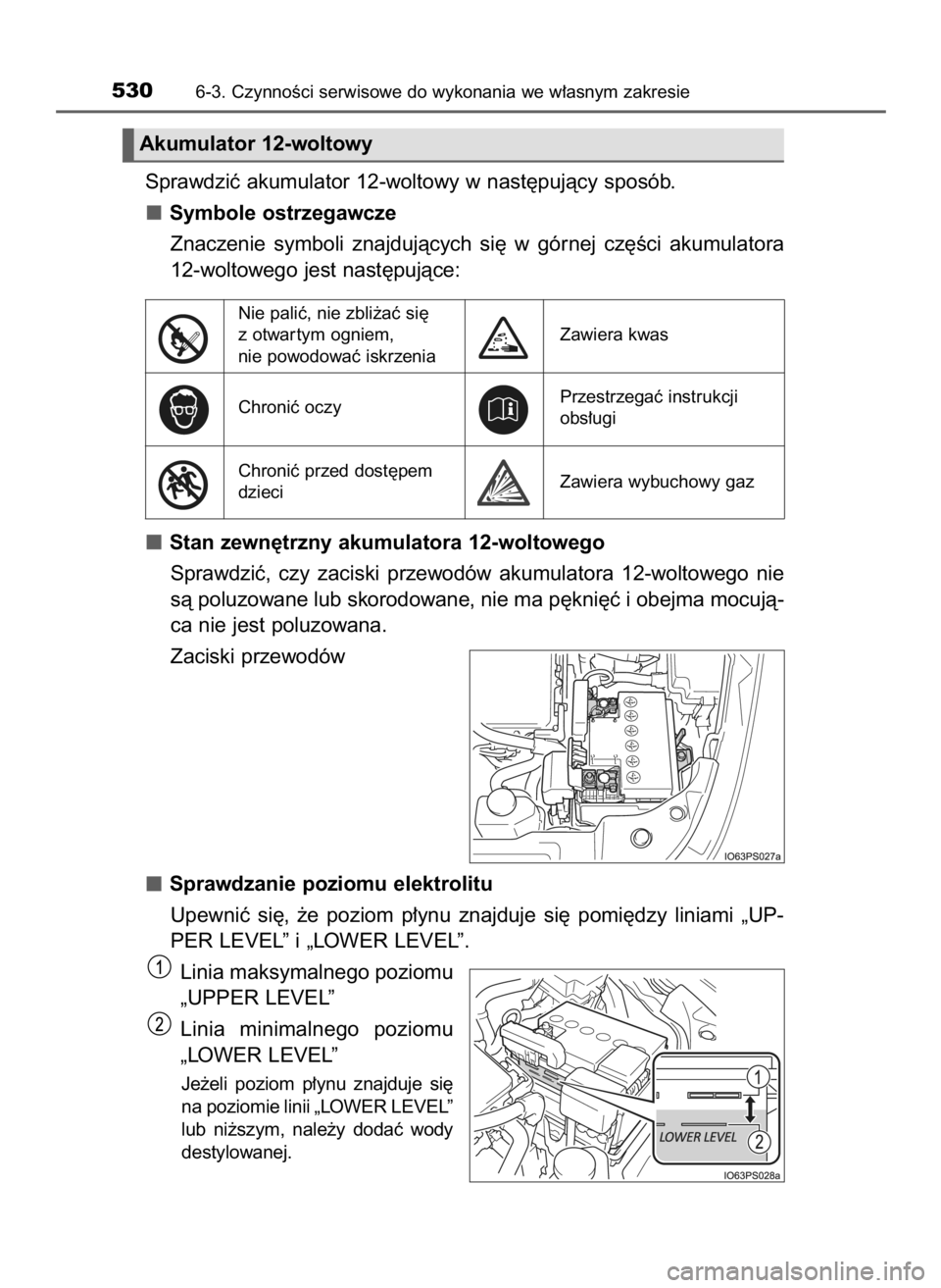TOYOTA PRIUS 2015  Instrukcja obsługi (in Polish) Sprawdziç akumulator 12-woltowy w nast´pujàcy sposób.
Symbole ostrzegawcze
Znaczenie  symboli  znajdujàcych  si´  w górnej  cz´Êci  akumulatora
12-woltowego jest nast´pujàce:
Stan zewn´trz