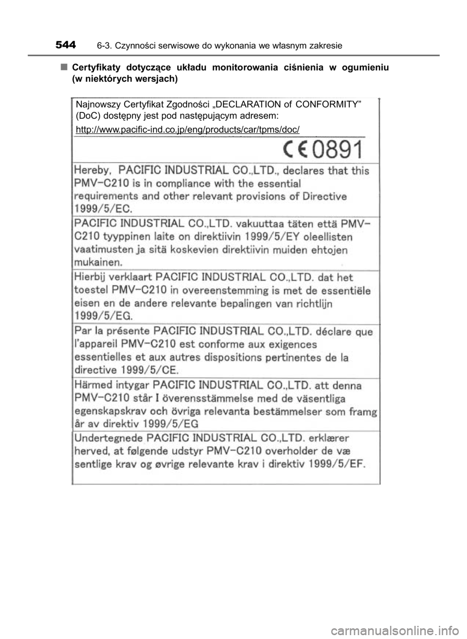 TOYOTA PRIUS 2016  Instrukcja obsługi (in Polish) Certyfikaty  dotyczàce  uk∏adu  monitorowania  ciÊnienia  w ogumieniu
(w niektórych wersjach)
5446-3. CzynnoÊci serwisowe do wykonania we w∏asnym zakresie
Najnowszy Cer tyfikat ZgodnoÊci „D