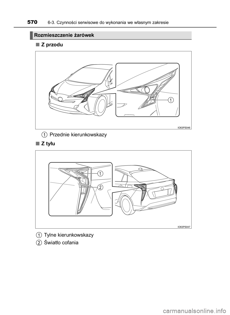 TOYOTA PRIUS 2016  Instrukcja obsługi (in Polish) Z przodu
Przednie kierunkowskazy
Z ty∏u
Tylne kierunkowskazy
Âwiat∏o cofania
5706-3. CzynnoÊci serwisowe do wykonania we w∏asnym zakresie
Rozmieszczenie ˝arówek
55 PRIUS OM47A31E  12/30/15  